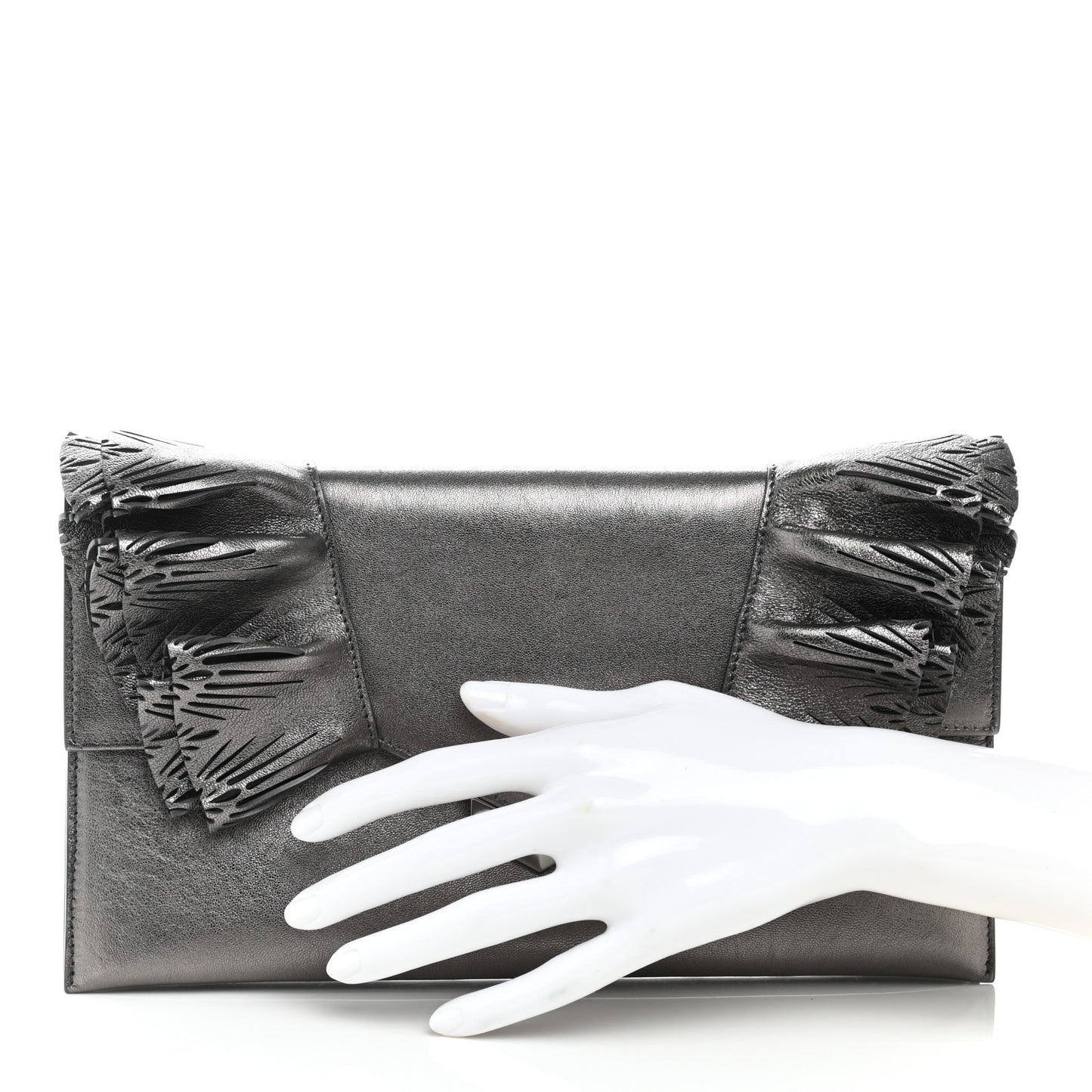 Metallic Calfskin Laser Cut Ruffled Isabella Clutch Gray