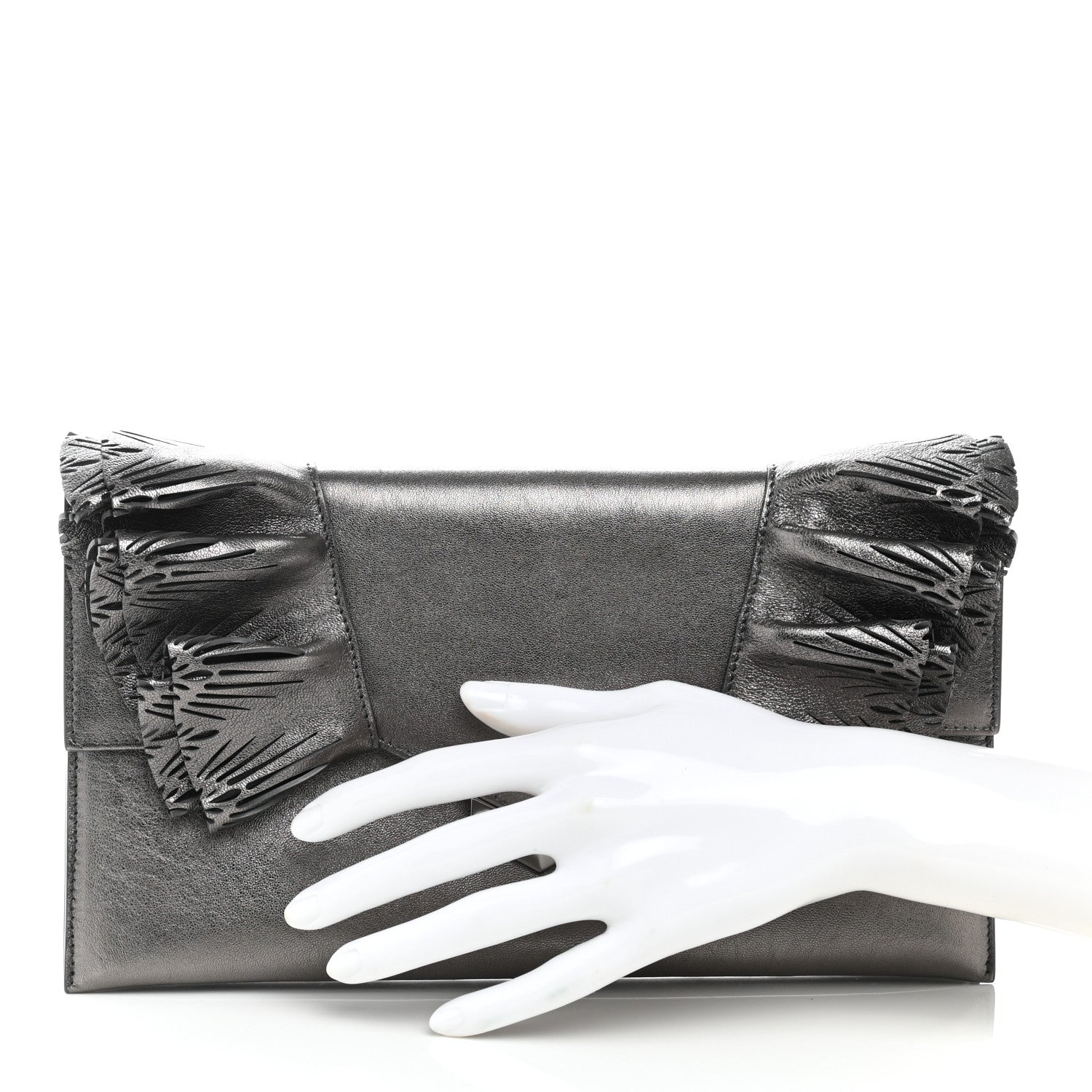 Jimmy Choo Metallic Calfskin Laser Cut Ruffled Isabella Clutch Gray 2 of 8