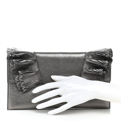 Jimmy Choo Metallic Calfskin Laser Cut Ruffled Isabella Clutch Gray 2 of 8