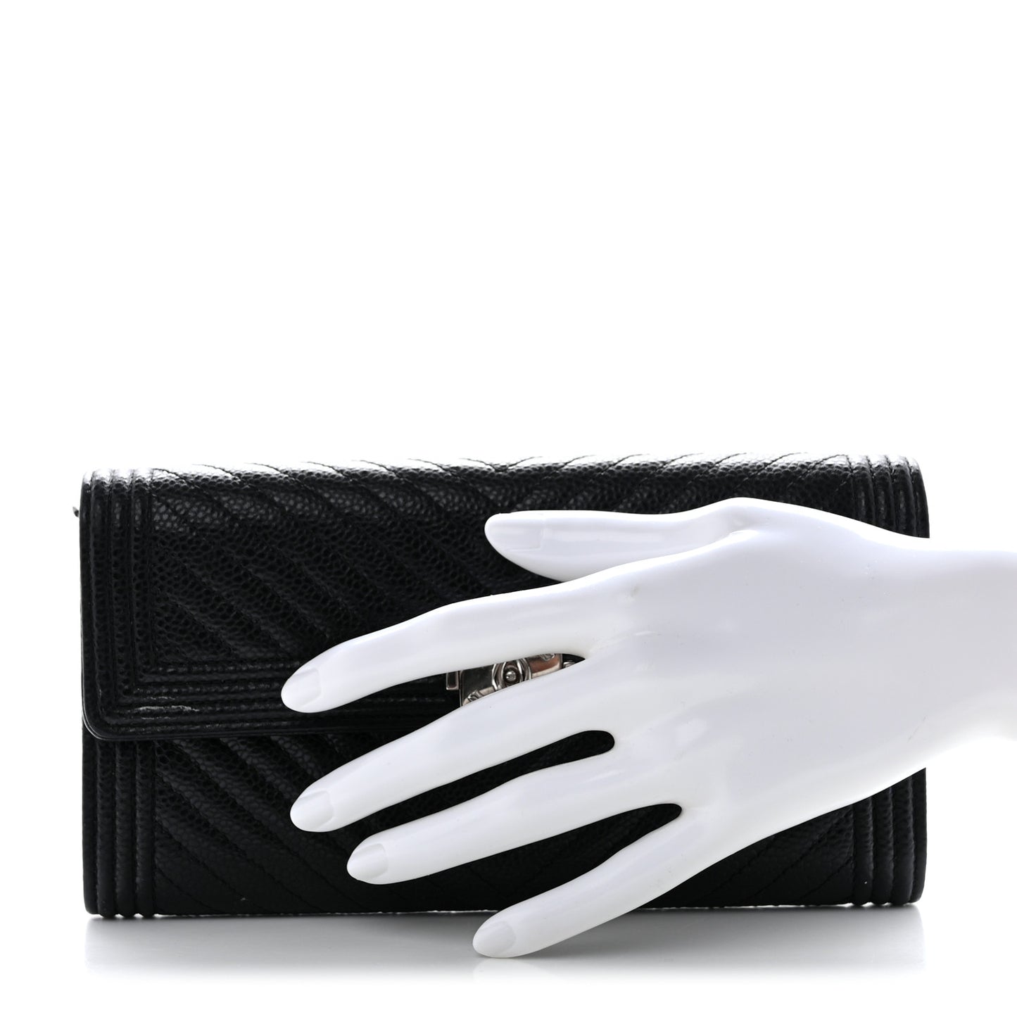 Caviar Chevron Quilted Boy Flap Wallet Black