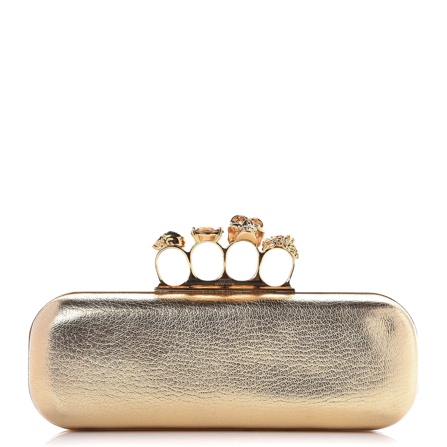 Metallic Lambskin Skull Knuckle Box Clutch Gold