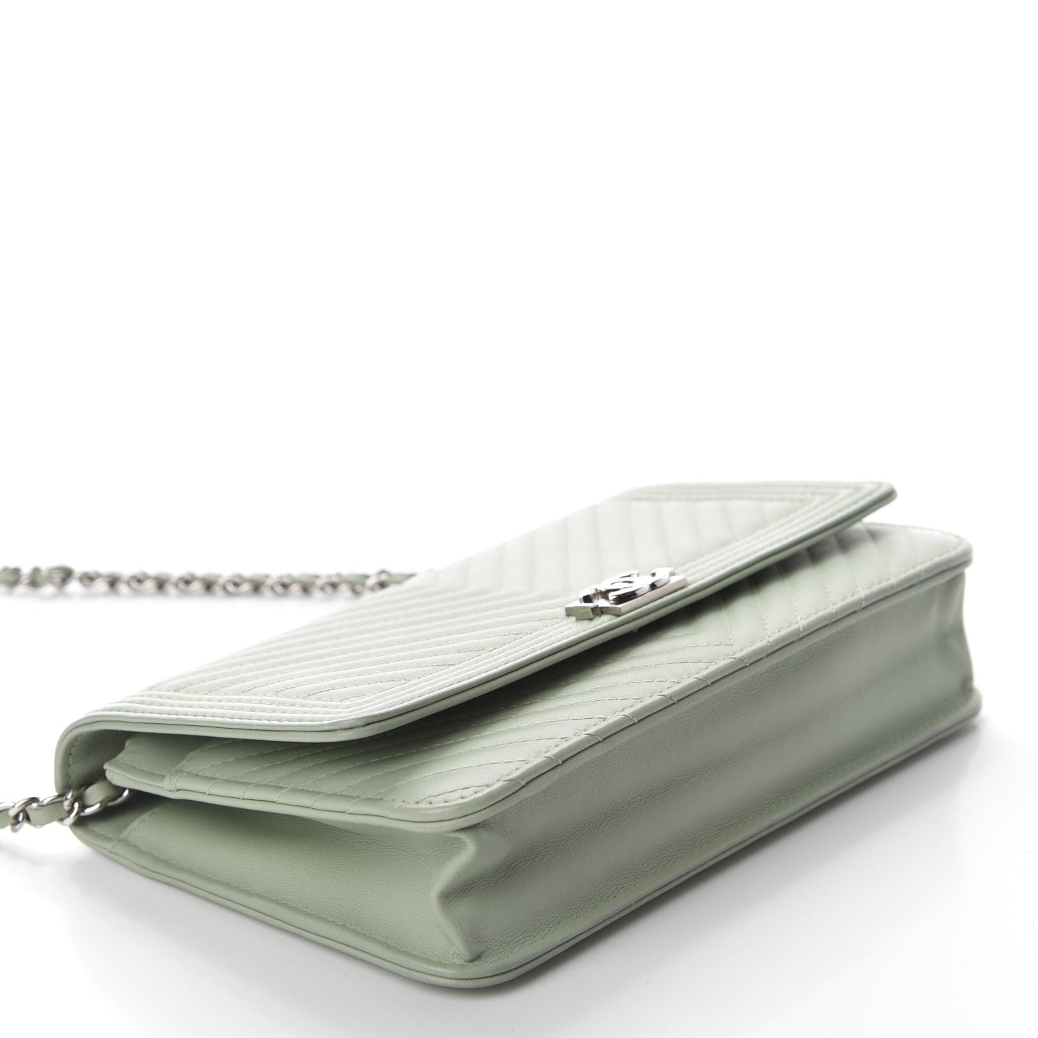 Chanel Lambskin Chevron Quilted Boy Wallet On Chain WOC Light Green 4 of 11