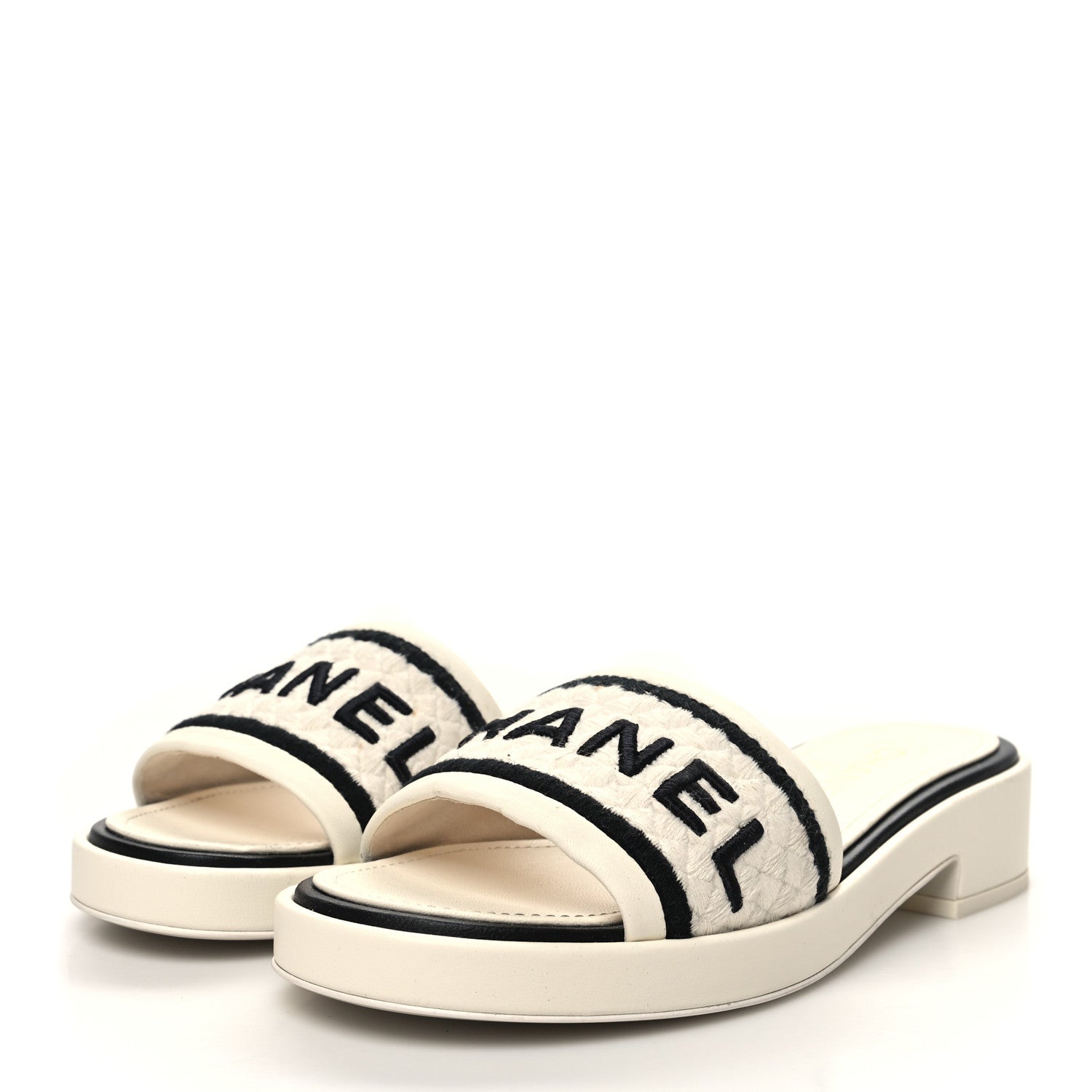Chanel Lambskin Embroidered Logo Mules 38 Ivory Black 3 of 10