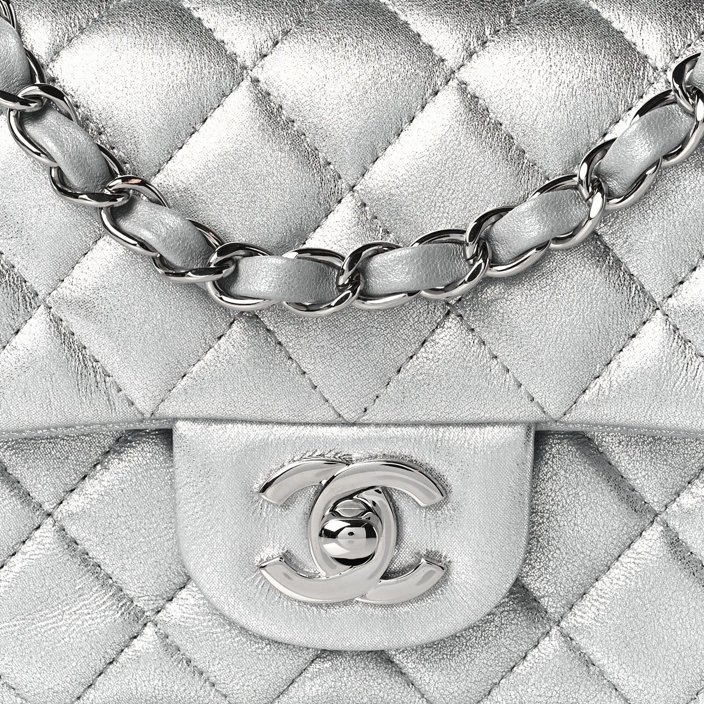 Metallic Lambskin Quilted Mini Rectangular Flap Silver