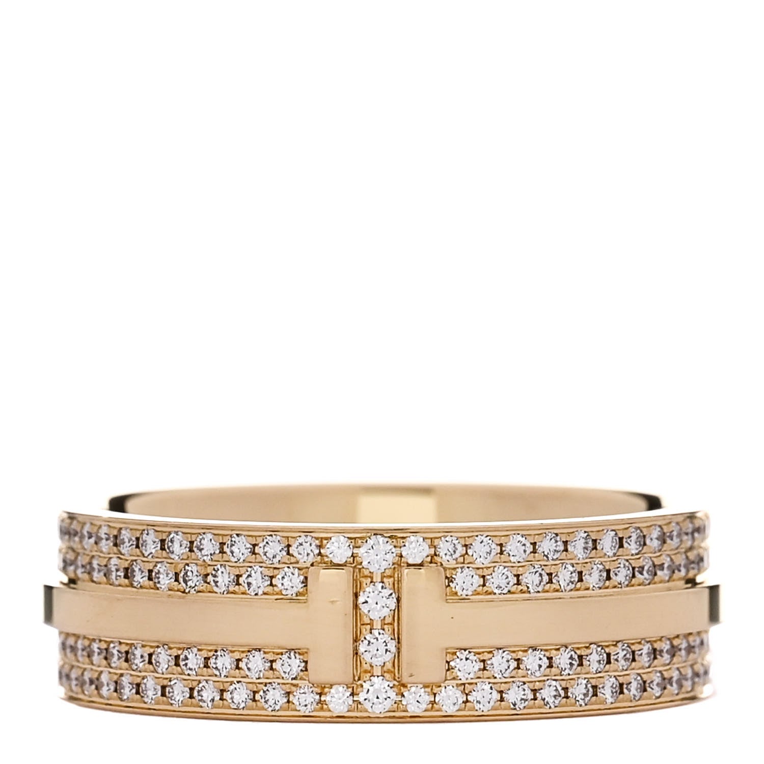 Tiffany 18K Yellow Gold Diamond Wide T Two Pave Ring 53 6.5 1 of 5