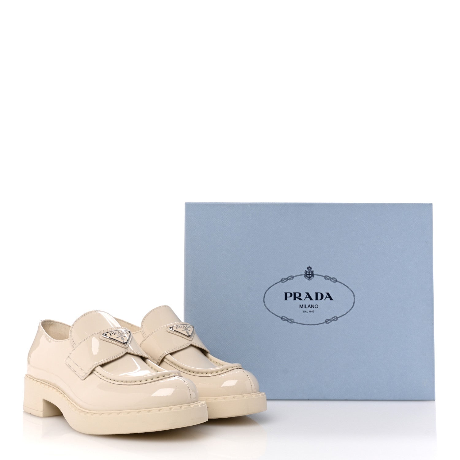 Prada Vernice Metal Triangle Logo 50mm Loafers 39.5 Avorio 11 of 11