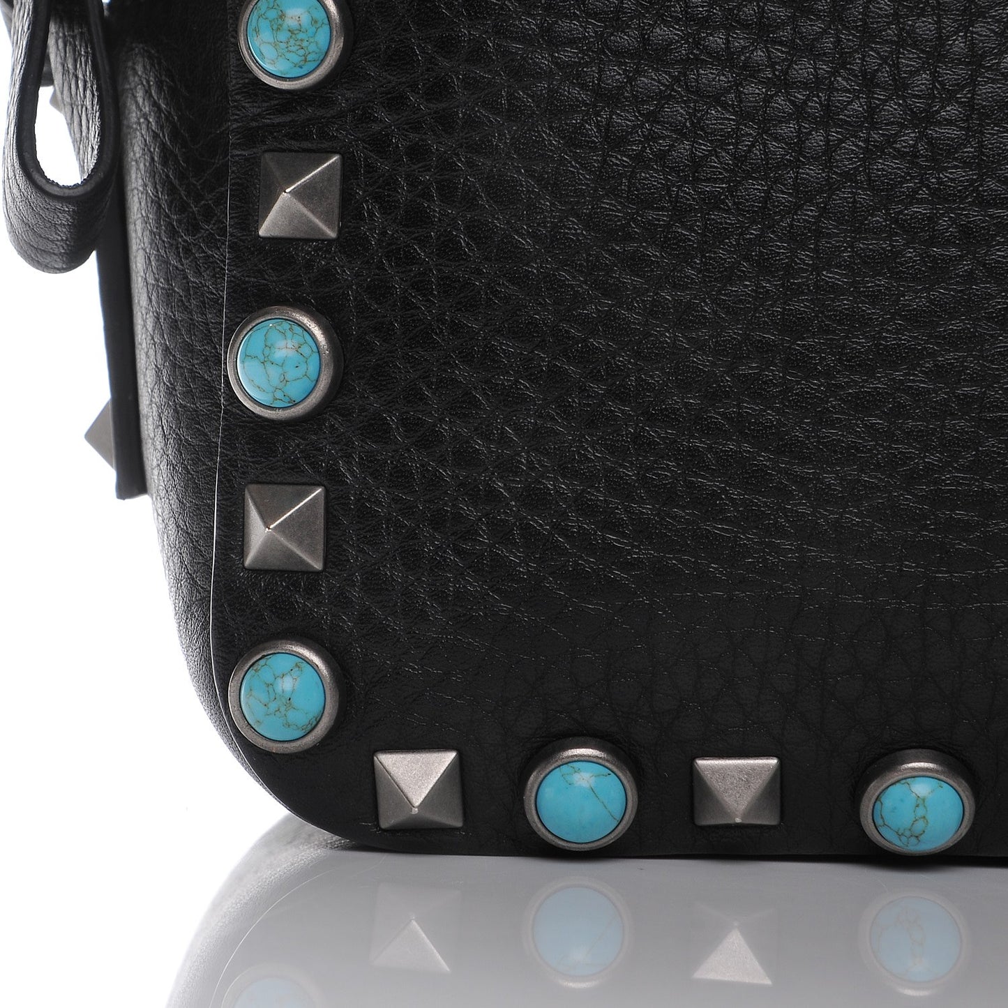 Grained Calfskin Turquoise Rockstud Rolling Camera Crossbody Bag Black