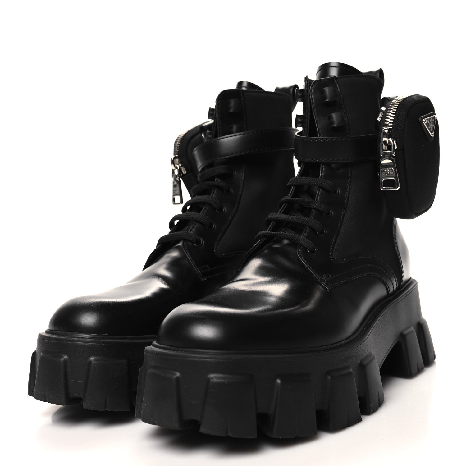 Prada Spazzolato Rois Nylon Metal Triangle Logo Monolith Pouch Pocket 55mm Boots 38 Black 3 of 8