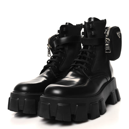 Prada Spazzolato Rois Nylon Metal Triangle Logo Monolith Pouch Pocket 55mm Boots 38 Black 3 of 8