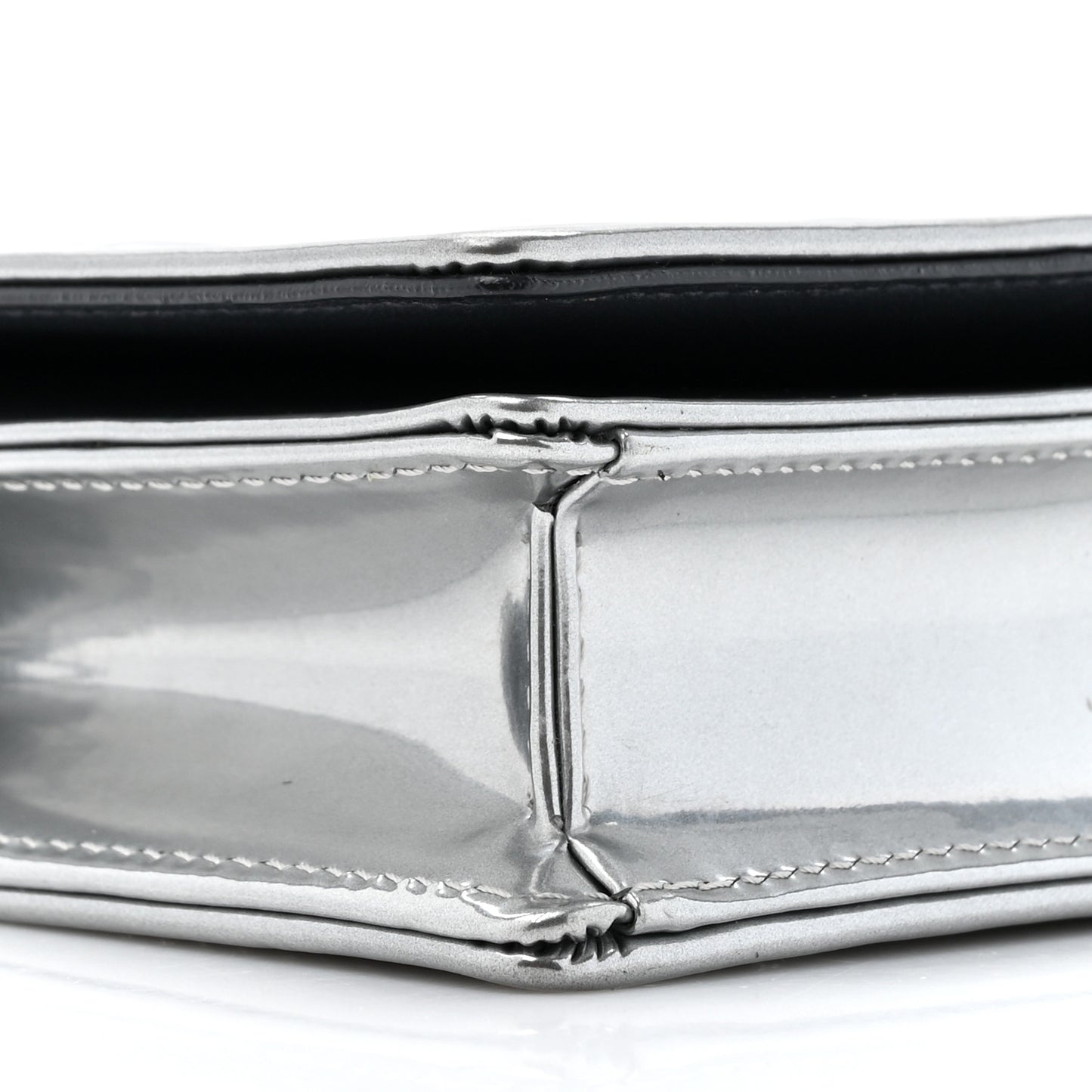 Metallic Patent Micro-Cannage Diorama Wallet on Chain Pouch Silver