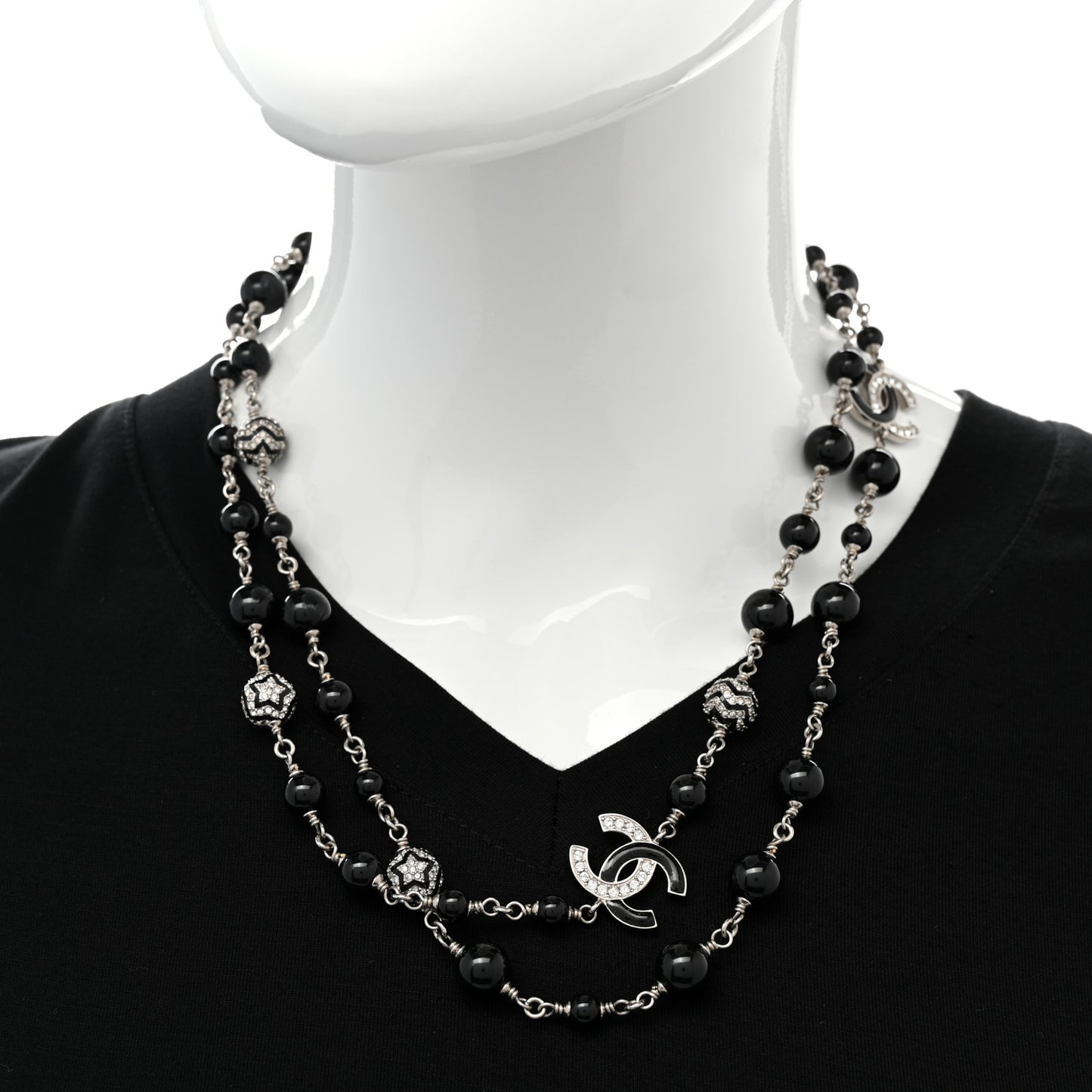 Pearl Crystal Beaded CC Multi Strand Necklace Black Silver