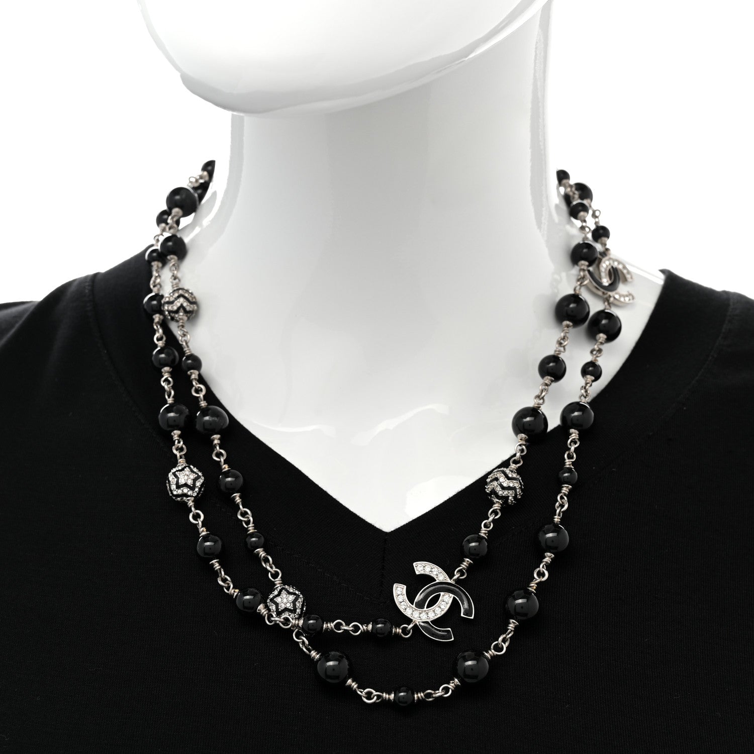 Chanel Pearl Crystal Beaded CC Multi Strand Necklace Black Silver 2 of 6
