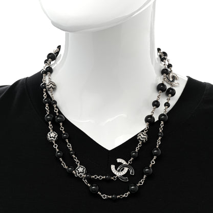 Chanel Pearl Crystal Beaded CC Multi Strand Necklace Black Silver 2 of 6