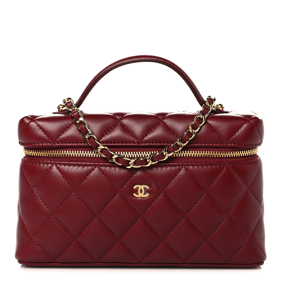 Lambskin Quilted Top Handle Slim Vanity With Chain Burgundy