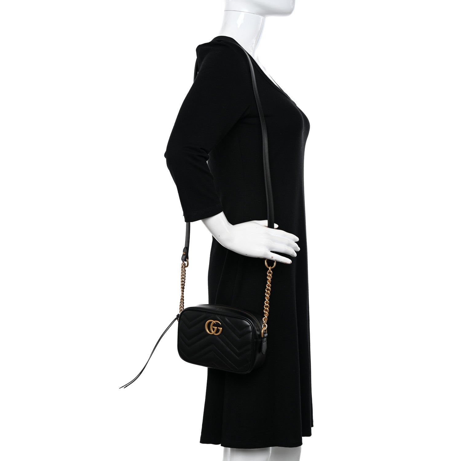 Gucci Calfskin Matelasse Mini GG Marmont Chain Shoulder Bag Black 2 of 12