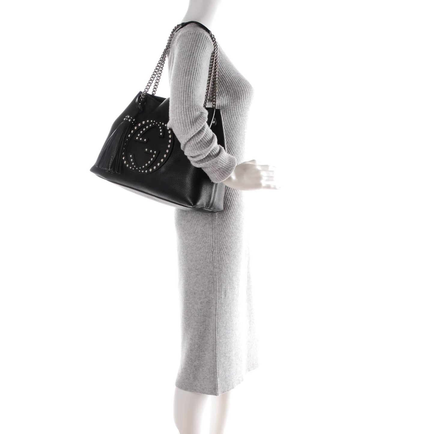 Pebbled Calfskin Studded Medium Soho Chain Shoulder Bag Black