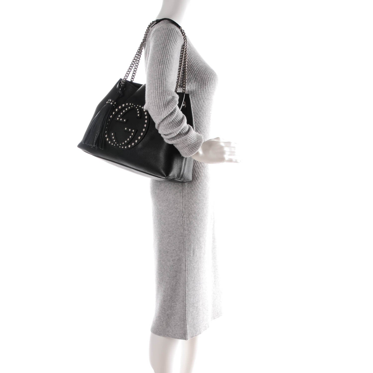 Gucci Pebbled Calfskin Studded Medium Soho Chain Shoulder Bag Black 2 of 7