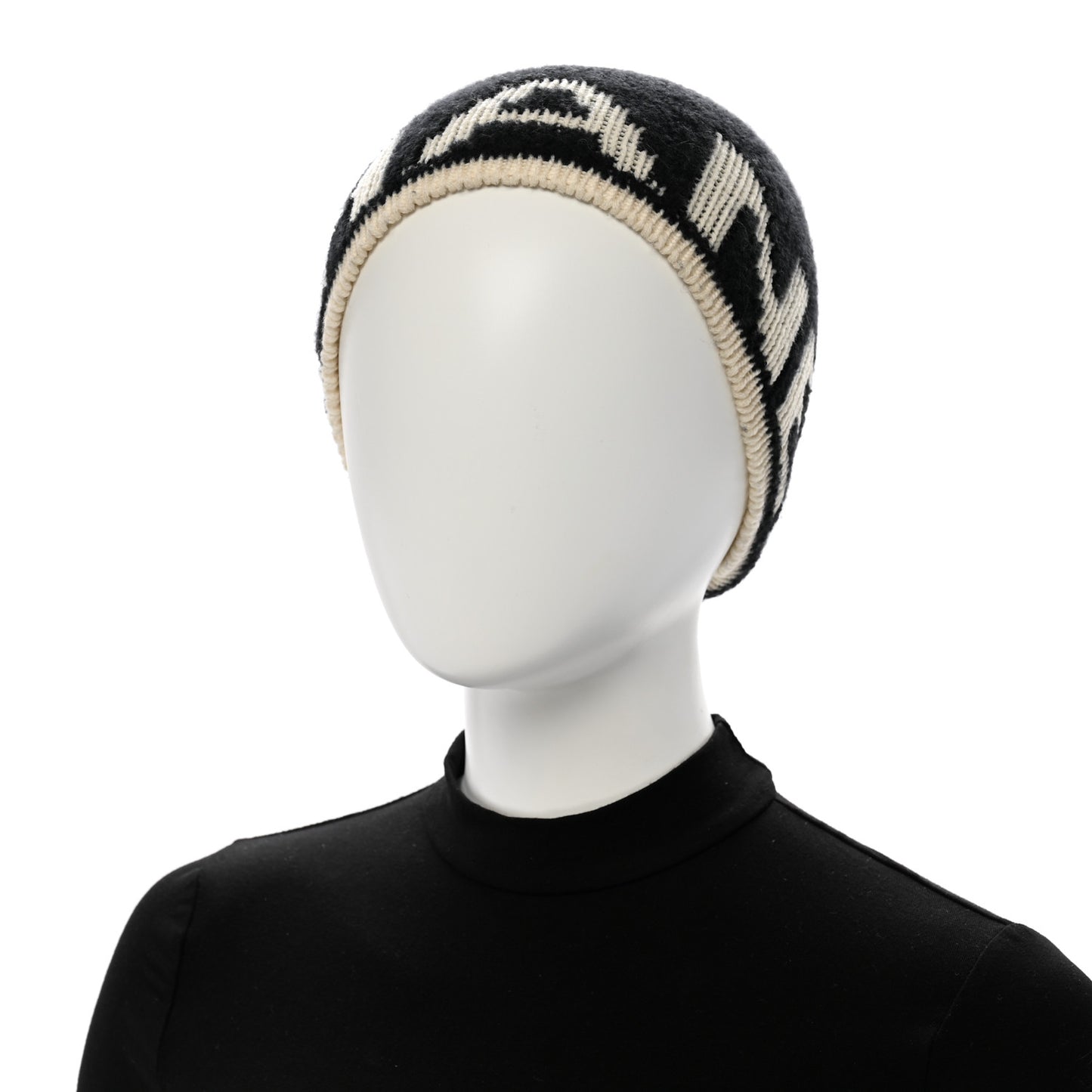 Cashmere Wool Silk Blend Logo Beanie Hat Black White
