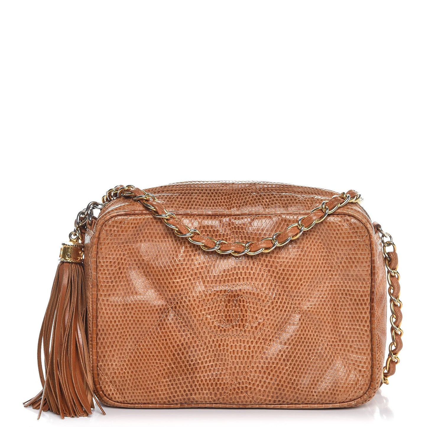Lizard Quilted Tassel Camera Case Tan