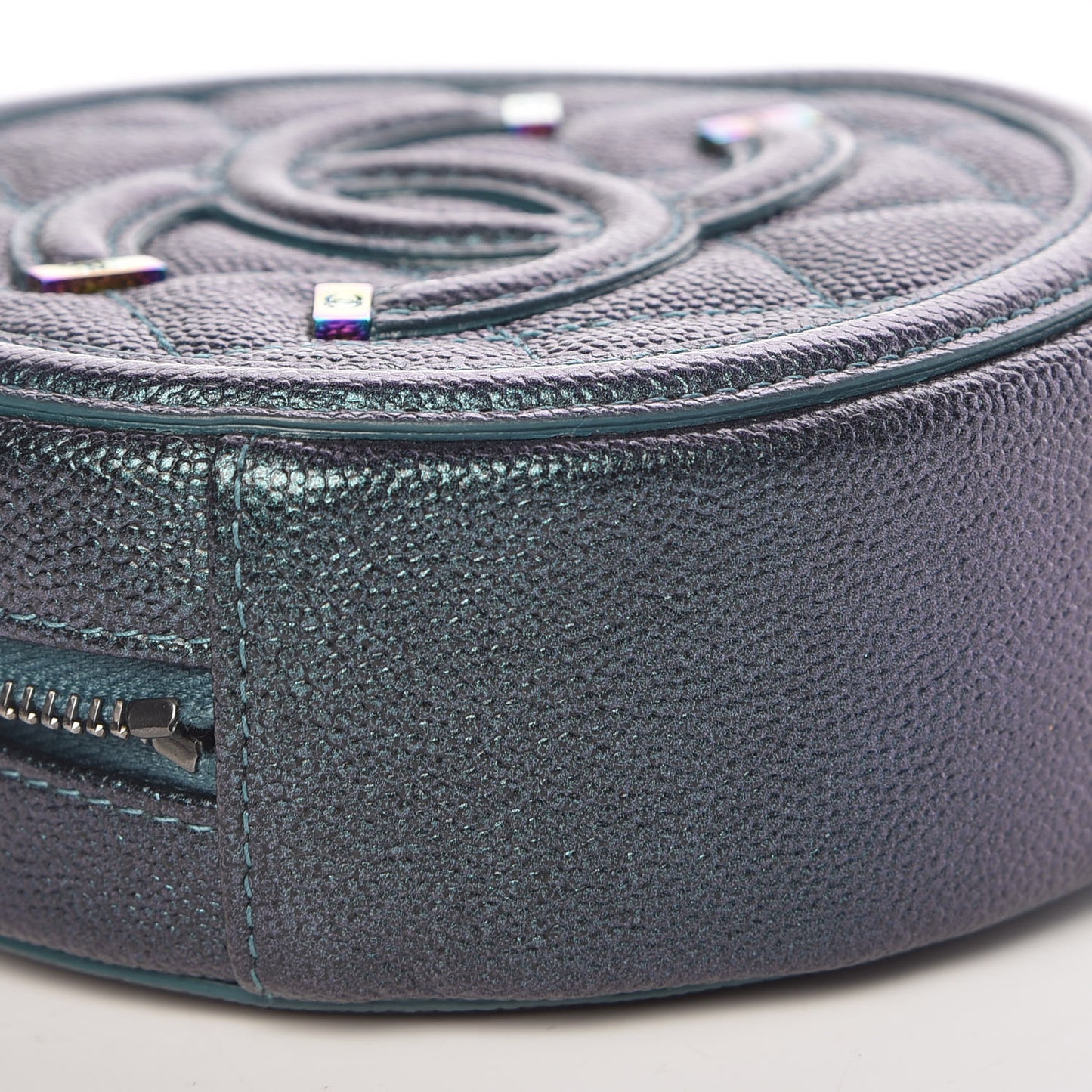Iridescent Caviar Quilted Round Filigree Crossbody Dark Turquoise