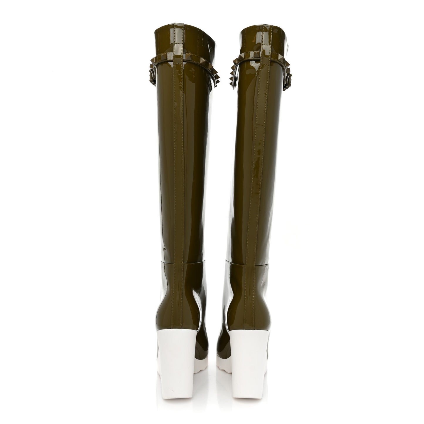 Patent Rockstud Knee High 15/100mm Wedge Boots 36 Lichen White