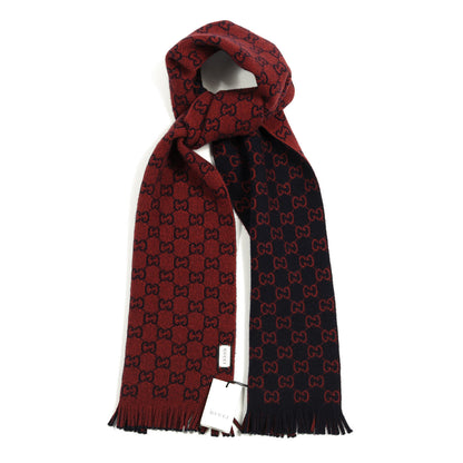 Gucci Wool GG Monogram Knit Longfog Fringe Scarf Midnight Blue Red 1 of 4