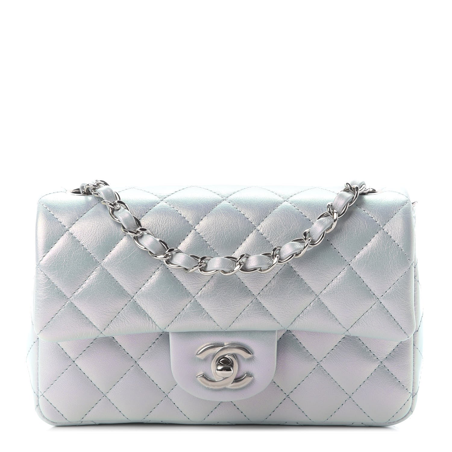 Chanel Iridescent Calfskin Quilted Mini Rectangular Flap Light Blue 1 of 9