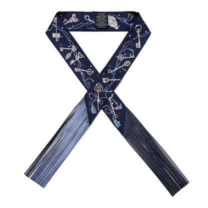 Hermes Silk Metallic Agneau Les Cles A Pois Fringed Twilly Bleu Marine Gris Argent Multicolor 1 of 4