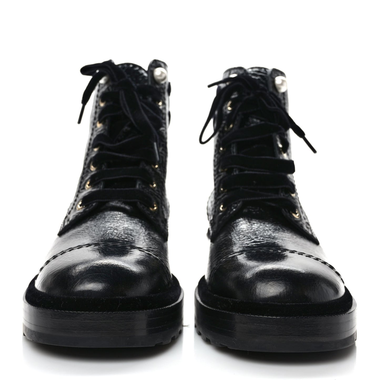 Shiny Calfskin Velvet Pearl Combat Short Boots 38.5 Black