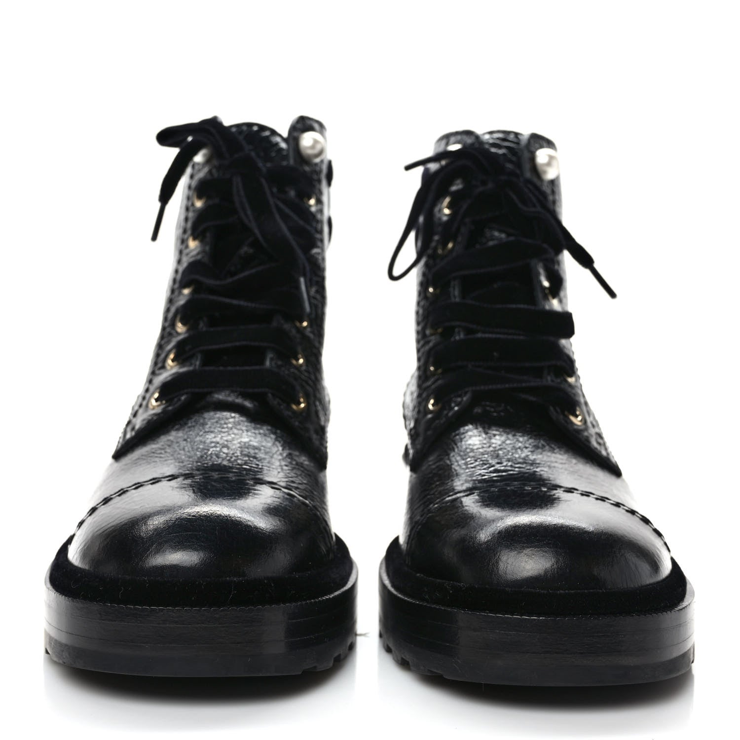Chanel Shiny Calfskin Velvet Pearl Combat Short Boots 38.5 Black 2 of 8