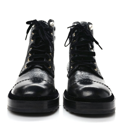 Chanel Shiny Calfskin Velvet Pearl Combat Short Boots 38.5 Black 2 of 8