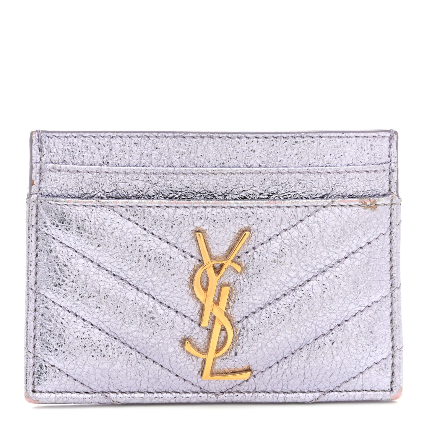Metallic Crackled Calfskin Matelasse Chevron Monogram Credit Card Case Silver