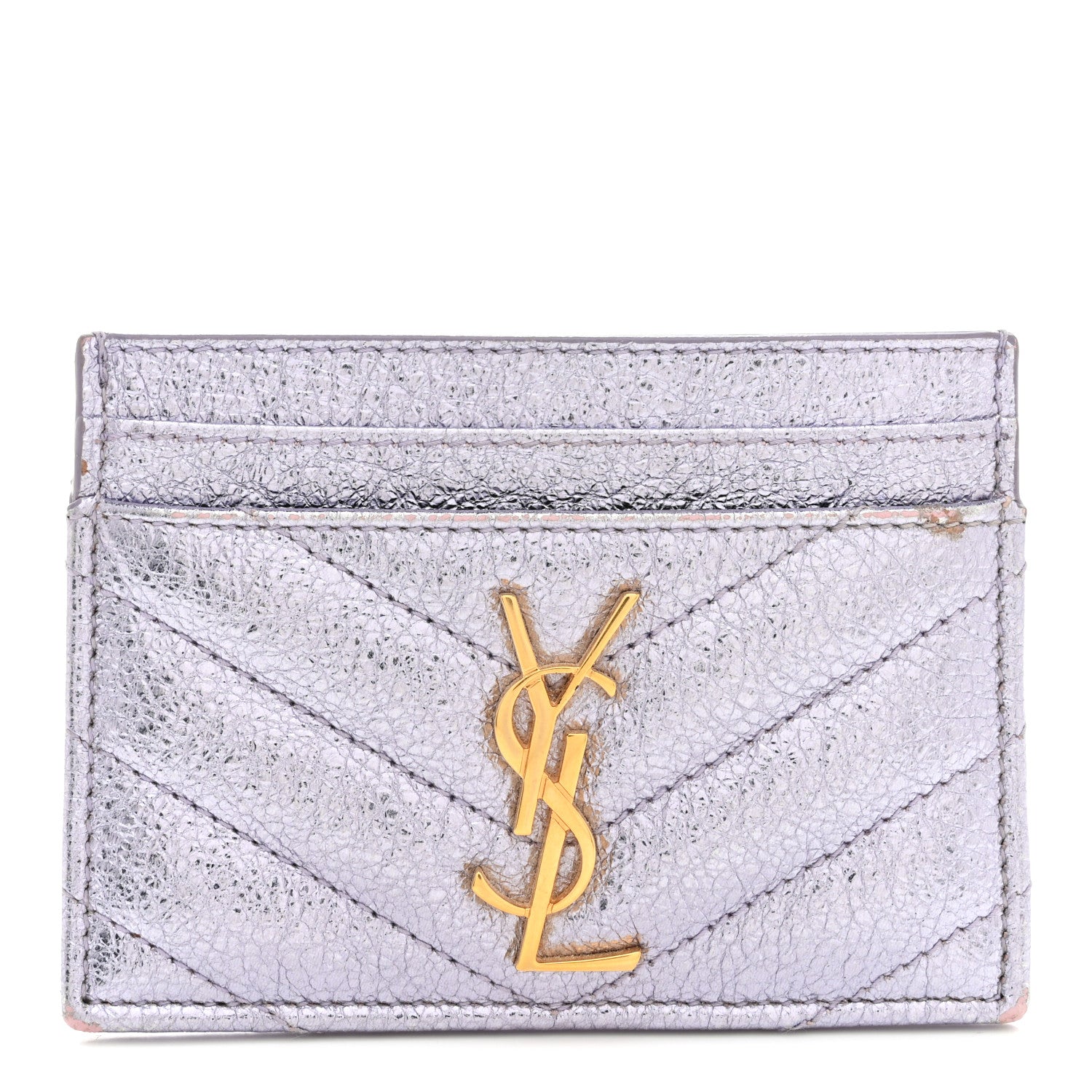 Saint Laurent Metallic Crackled Calfskin Matelasse Chevron Monogram Credit Card Case Silver 1 of 9