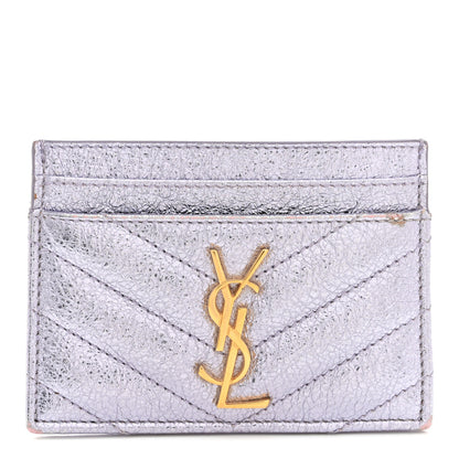 Saint Laurent Metallic Crackled Calfskin Matelasse Chevron Monogram Credit Card Case Silver 1 of 9