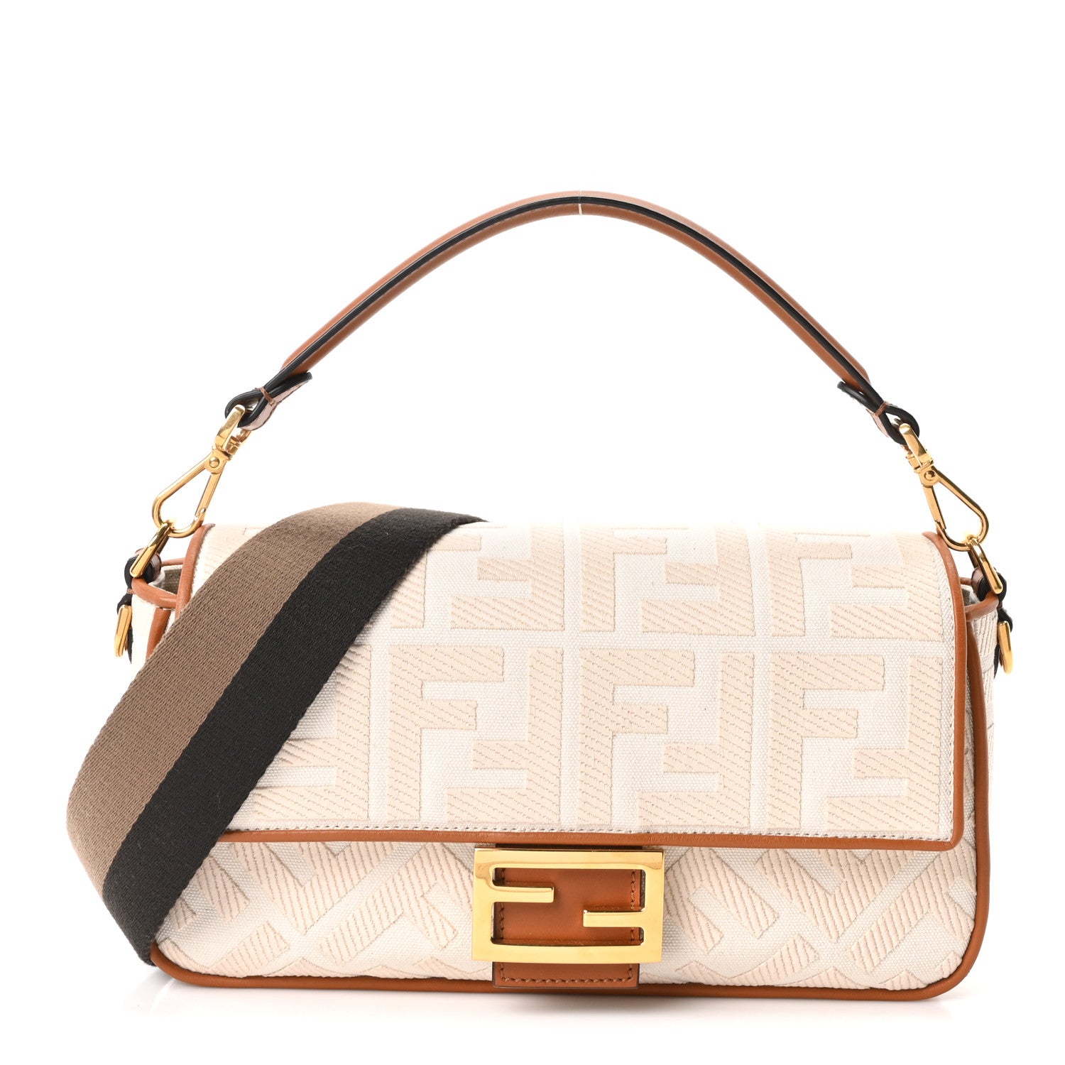 Fendi Canvas Vitello King Bi-Color Strap FF Embroidered Baguette Grezzo Brandy Cuoio 1 of 9