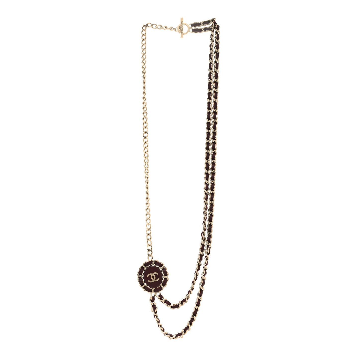 Lambskin CC Long Chain Necklace Red Gold