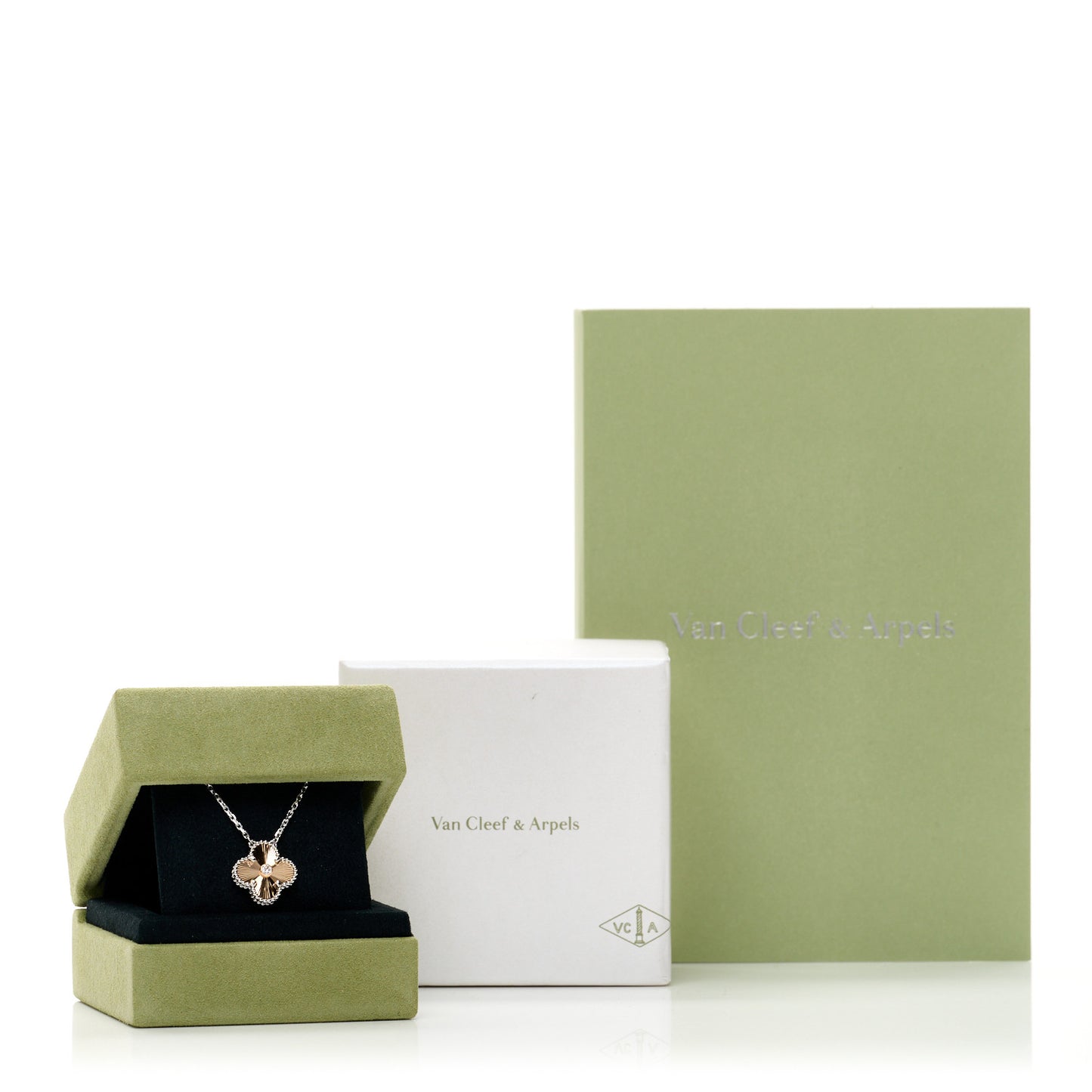 18K White Rose Gold Diamond Guilloche Vintage Alhambra Pendant Necklace