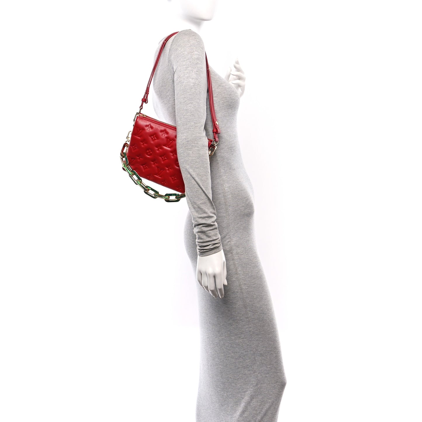 Mother of Pearl Lambskin Embossed Monogram Coussin BB Red Green