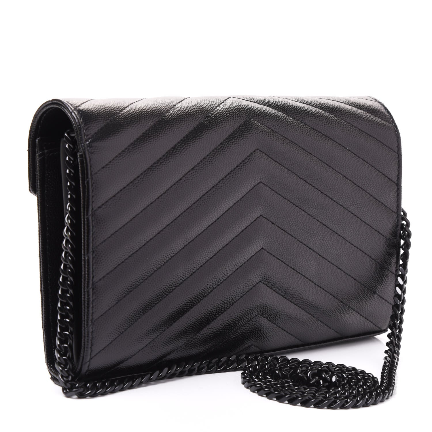 Saint Laurent Grain De Poudre Matelasse Chevron Monogram Chain Wallet Black 2 of 8