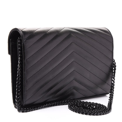 Saint Laurent Grain De Poudre Matelasse Chevron Monogram Chain Wallet Black 2 of 8