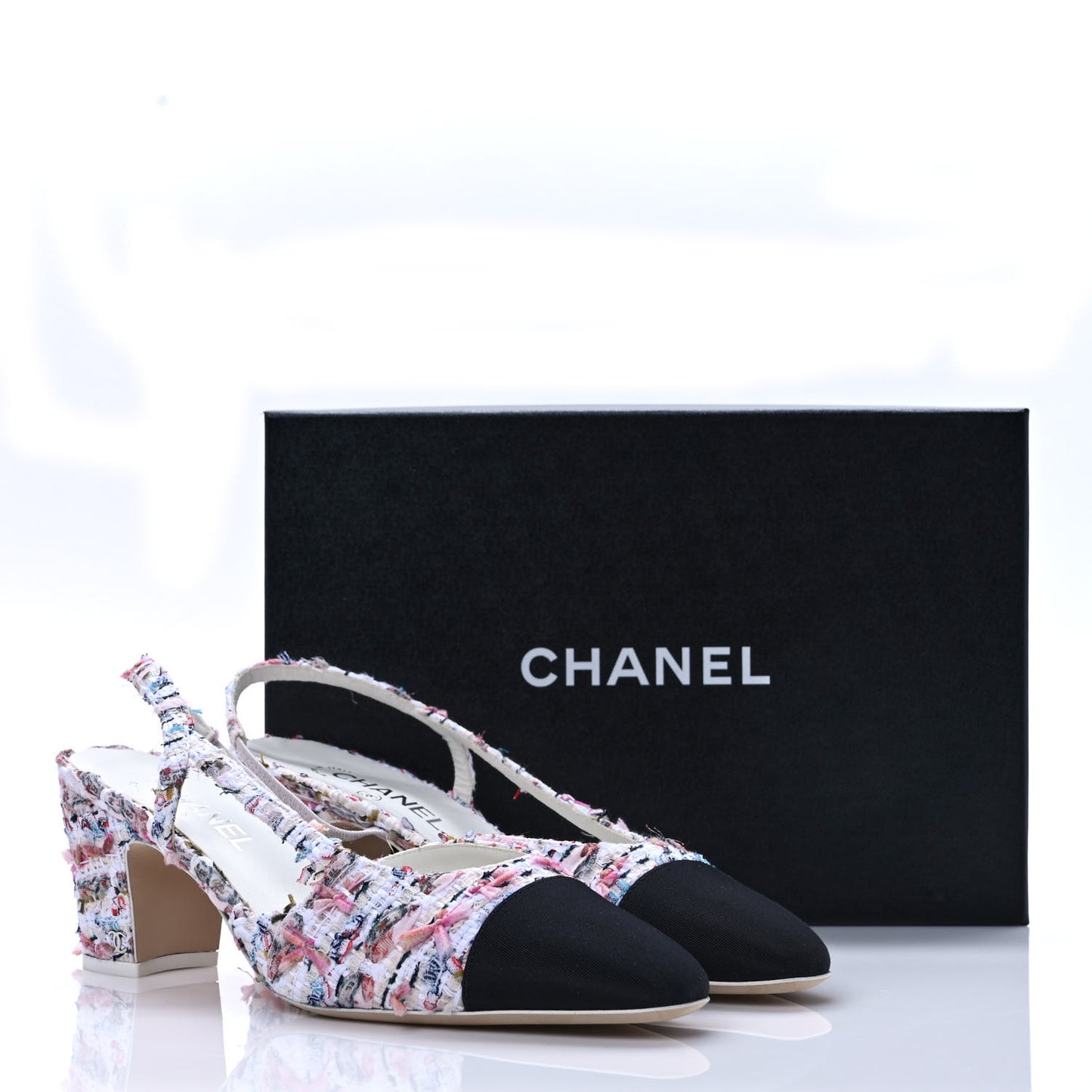 Tweed Lambskin Cap Toe CC Slingback Pumps 41 White Multicolor