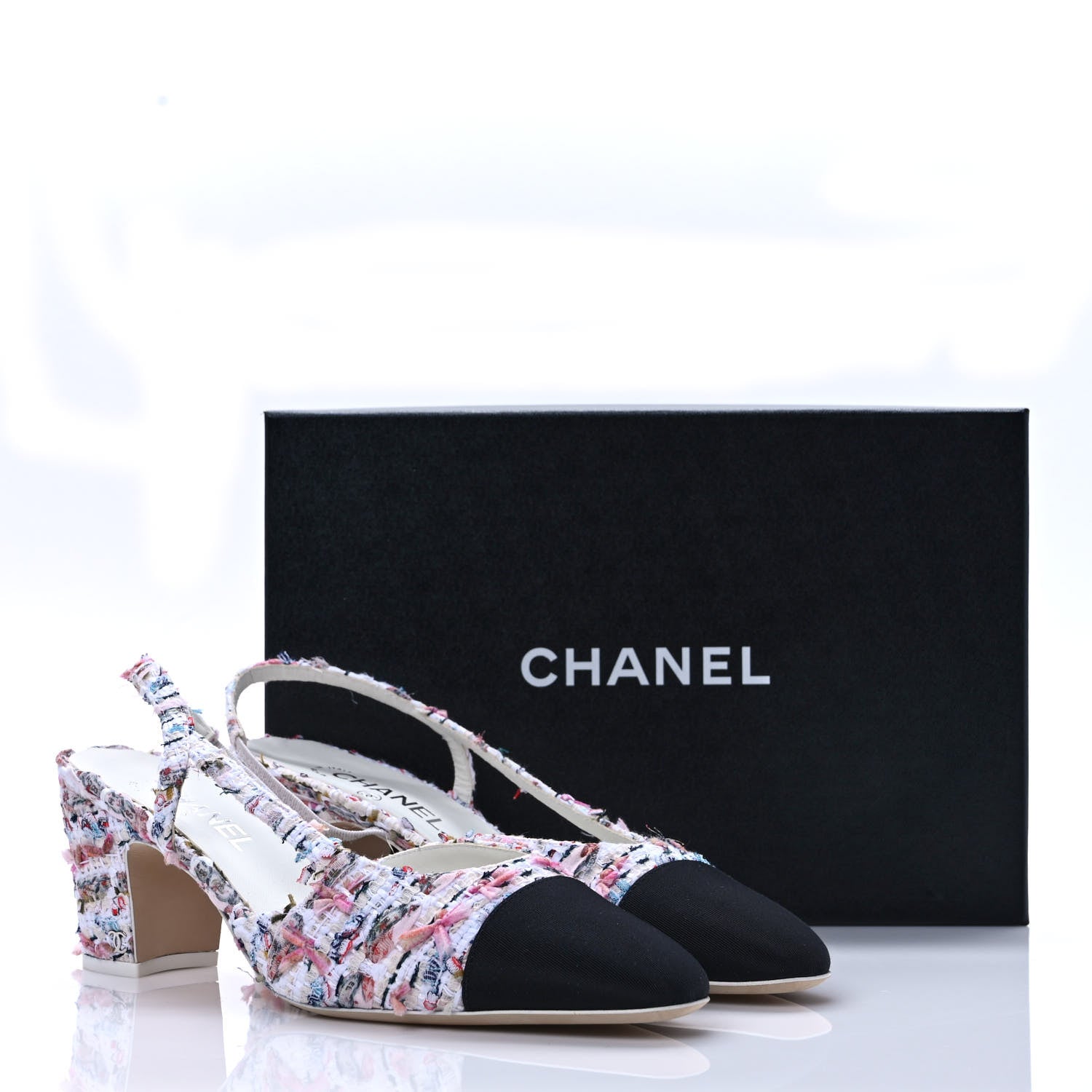 Chanel Tweed Lambskin Cap Toe CC Slingback Pumps 41 White Multicolor 11 of 11