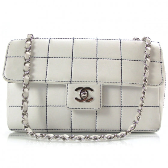 Lambskin Contrast Stitch Medium Flap White
