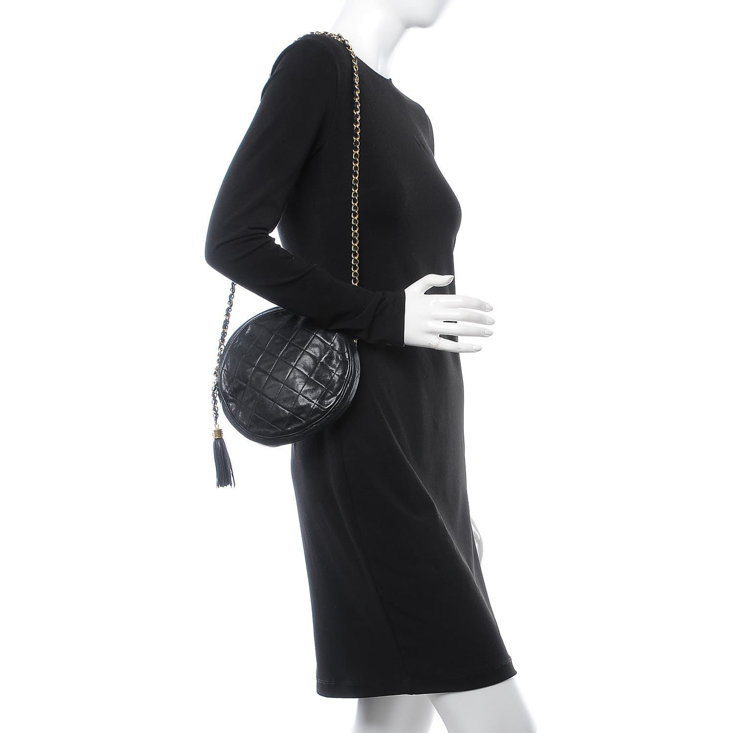 Lambskin Quilted Round Tassel Crossbody Bag Black