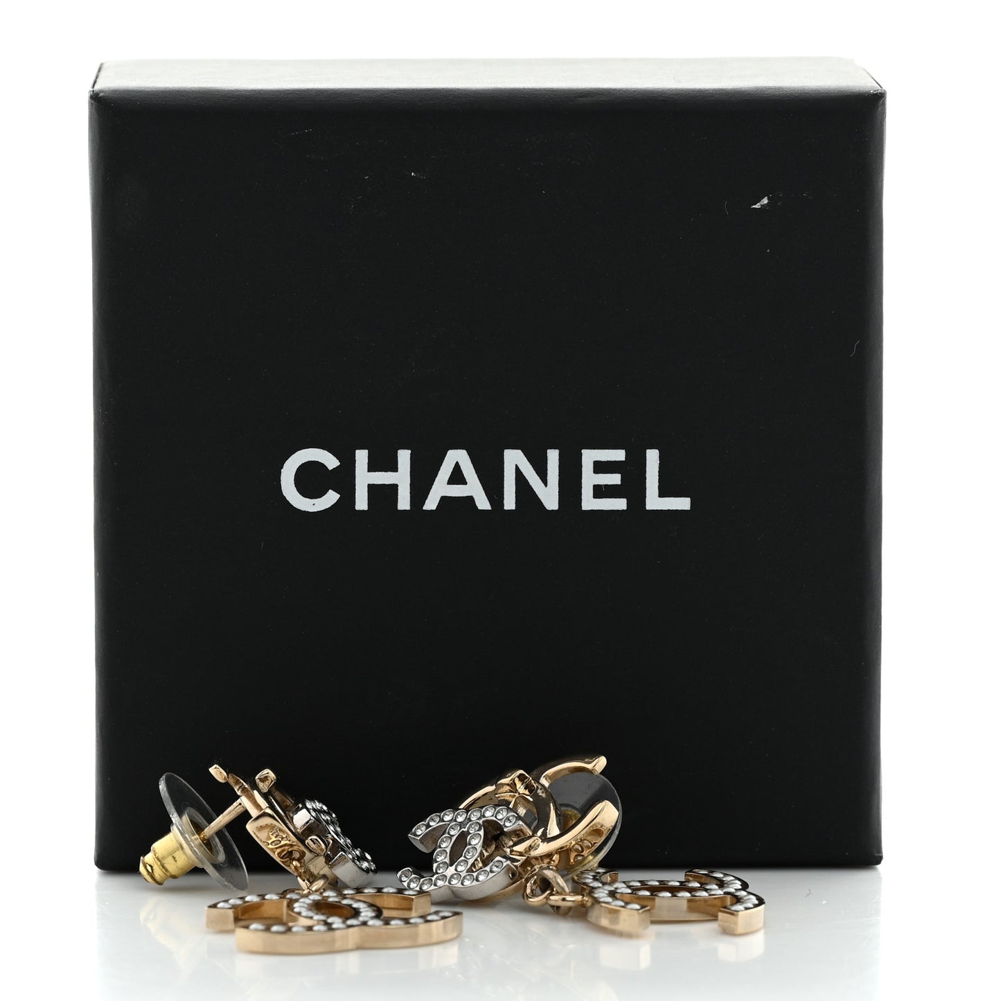 Crystal Pearl Double CC Drop Earrings Gold Silver