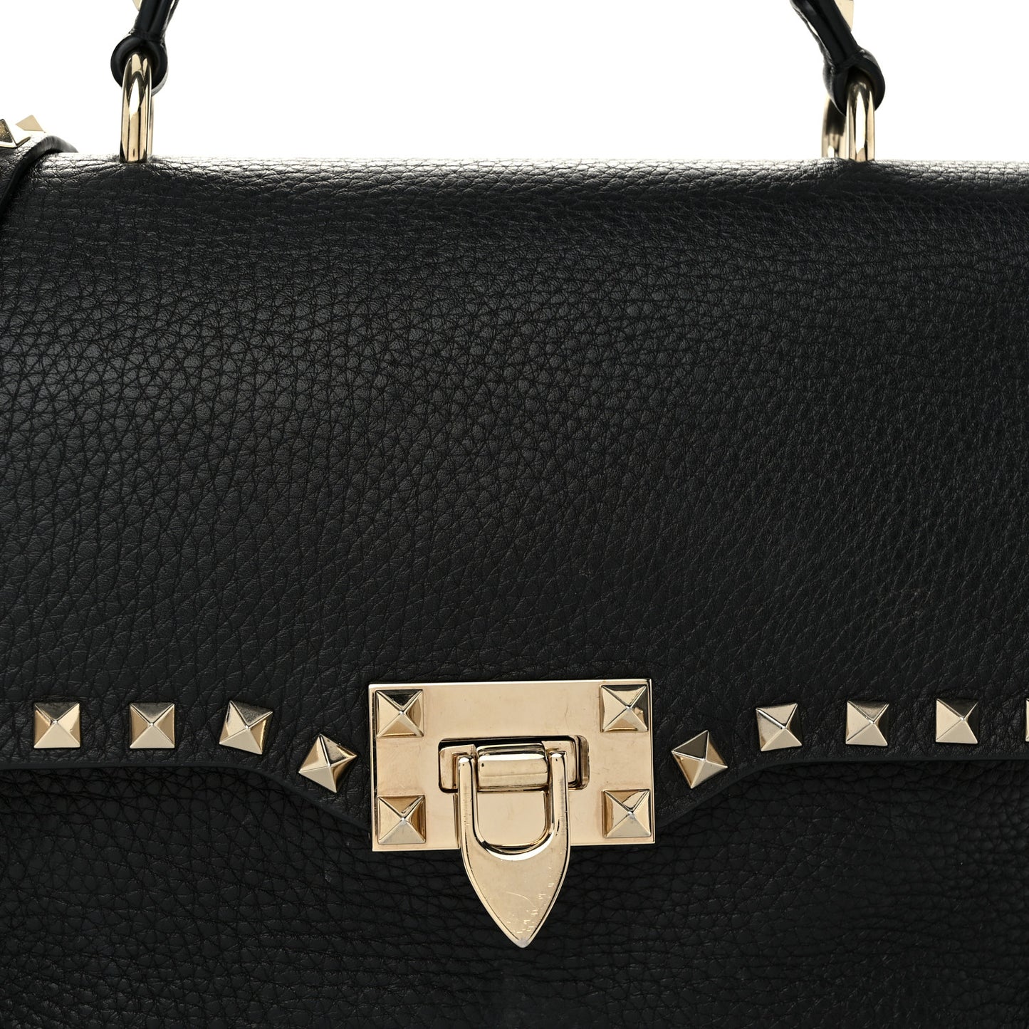 Pebbled Calfskin Rockstud Single Handle Flap Bag Black