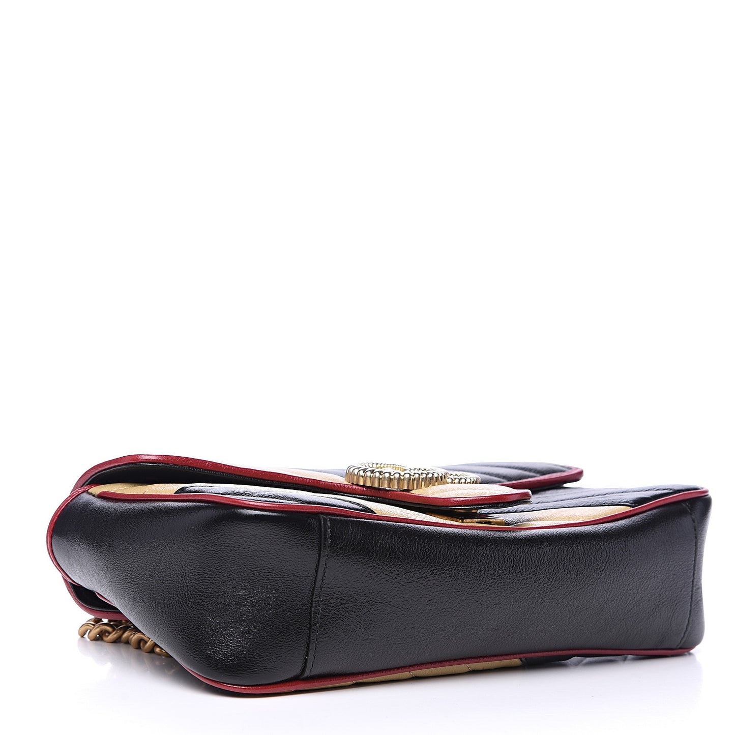 Vintage Effect Calfskin Matelasse Diagonal Striped Small Torchon GG Marmont Shoulder Bag Black Beige