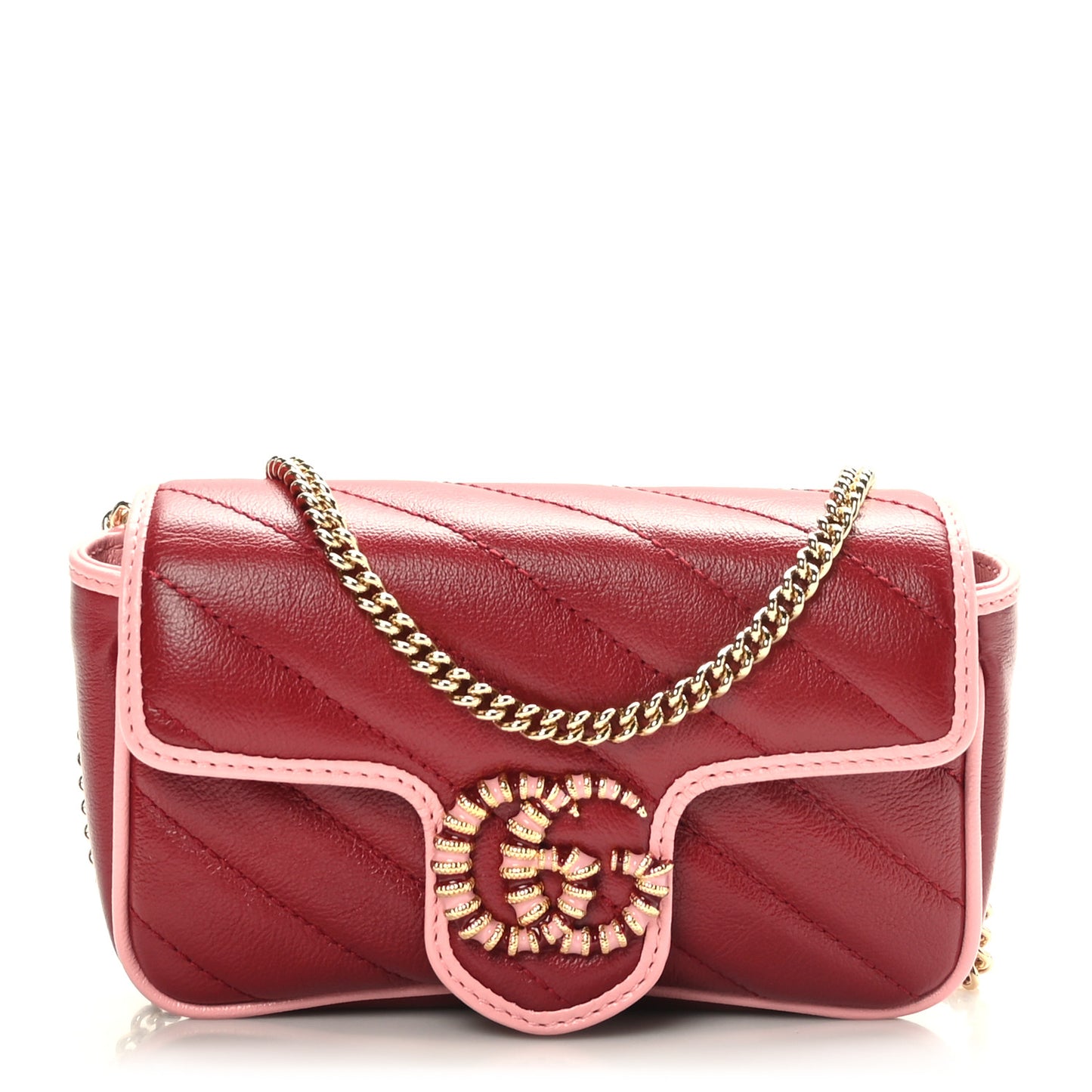 Azalea Calfskin Enamel Matelasse Diagonal Super Mini Torchon GG Marmont Shoulder Bag New Cherry Red Wild Rose
