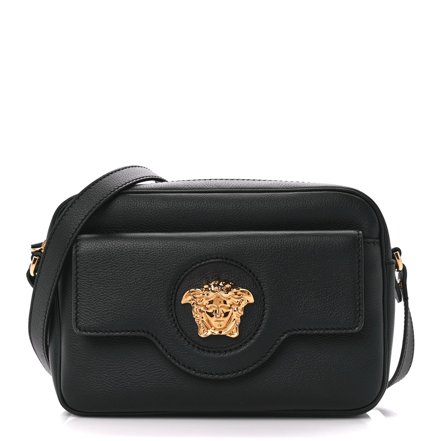 Grained Calfskin Medusa Camera Bag Black