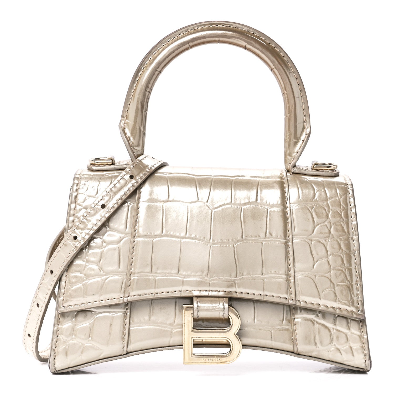 Balenciaga Metallic Shiny Calfskin Crocodile Embossed Hourglass Top Handle Bag XS Light Gold 1 of 12